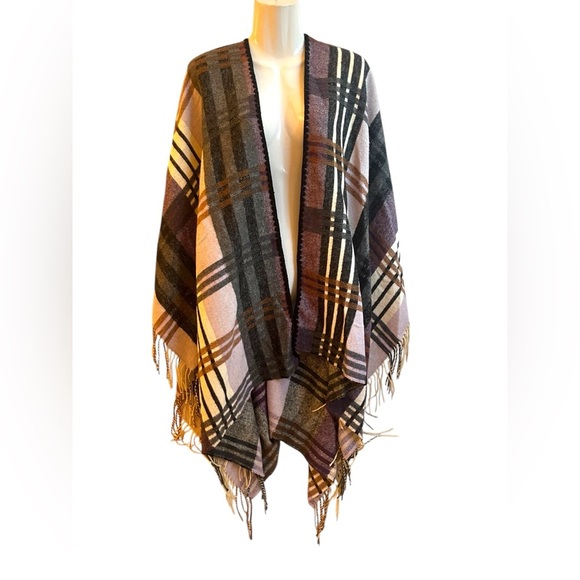 VIOLA - Firenze Made In Italy Plaid Fringe Wrap Shawl Poncho - Picture 1 of 5